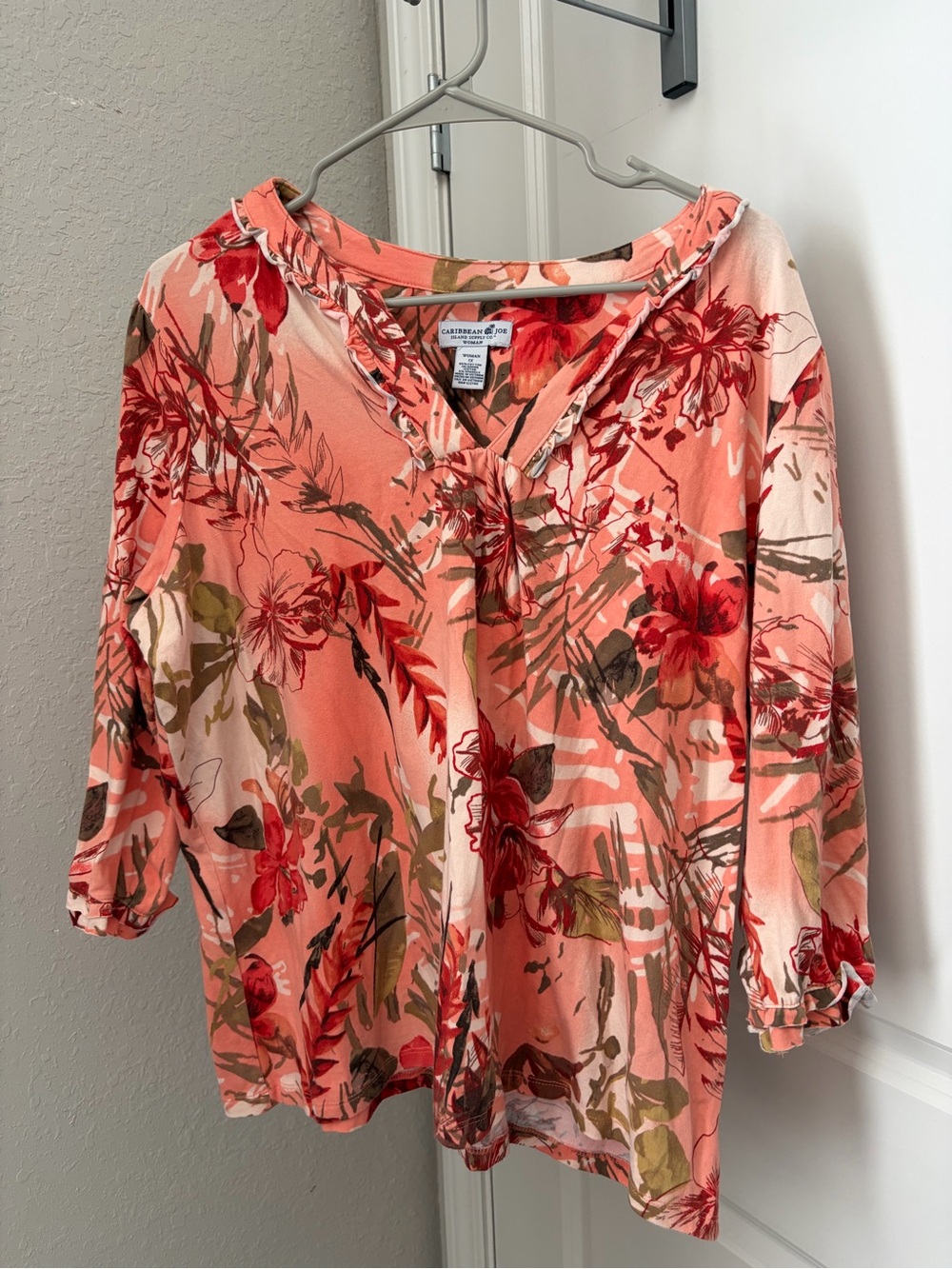 Caribbean Joe Coral Floral Split-Neck Blouse